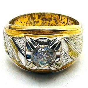 Crystal Center Band Ring Mixed Metal Tones Marked 14K HGE Bridal Wedding Promise